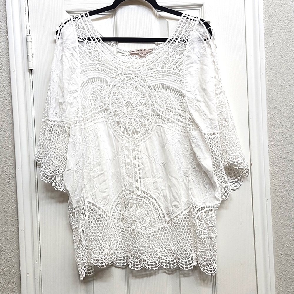 White 100% Cotton Crochet Top Swim Cover-up, Size M